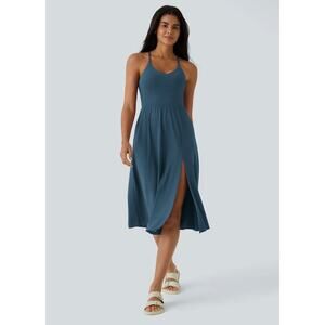 HALARA Women's Teal Blue Midi Dress with Side Slit